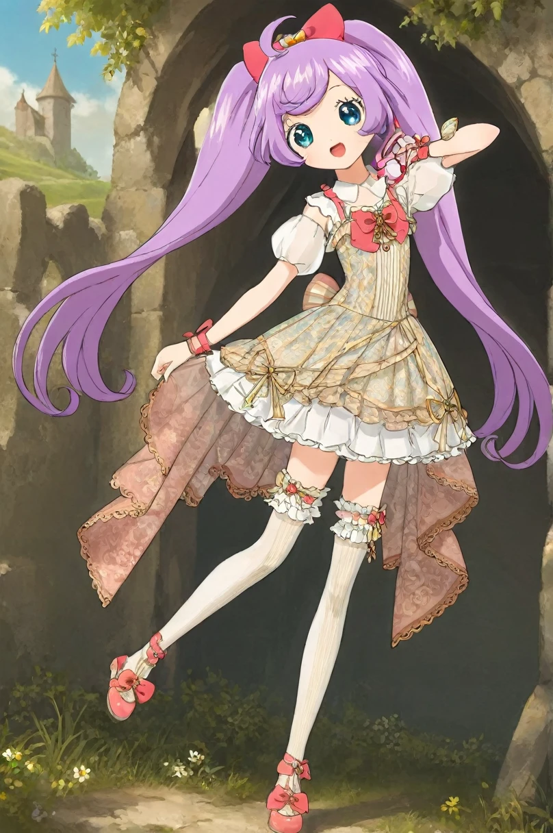 10 year old girl underwear, Rare Manaka、Realistic bloomers made from patterned cotton fabric, Medieval one-piece dress with panniers, Fabric Realism, Low Angle, I see bloomers, Pull up the dress by hand, Strong winds, Translucent slip, Translucent slip, tights, Highest quality,  whole body
