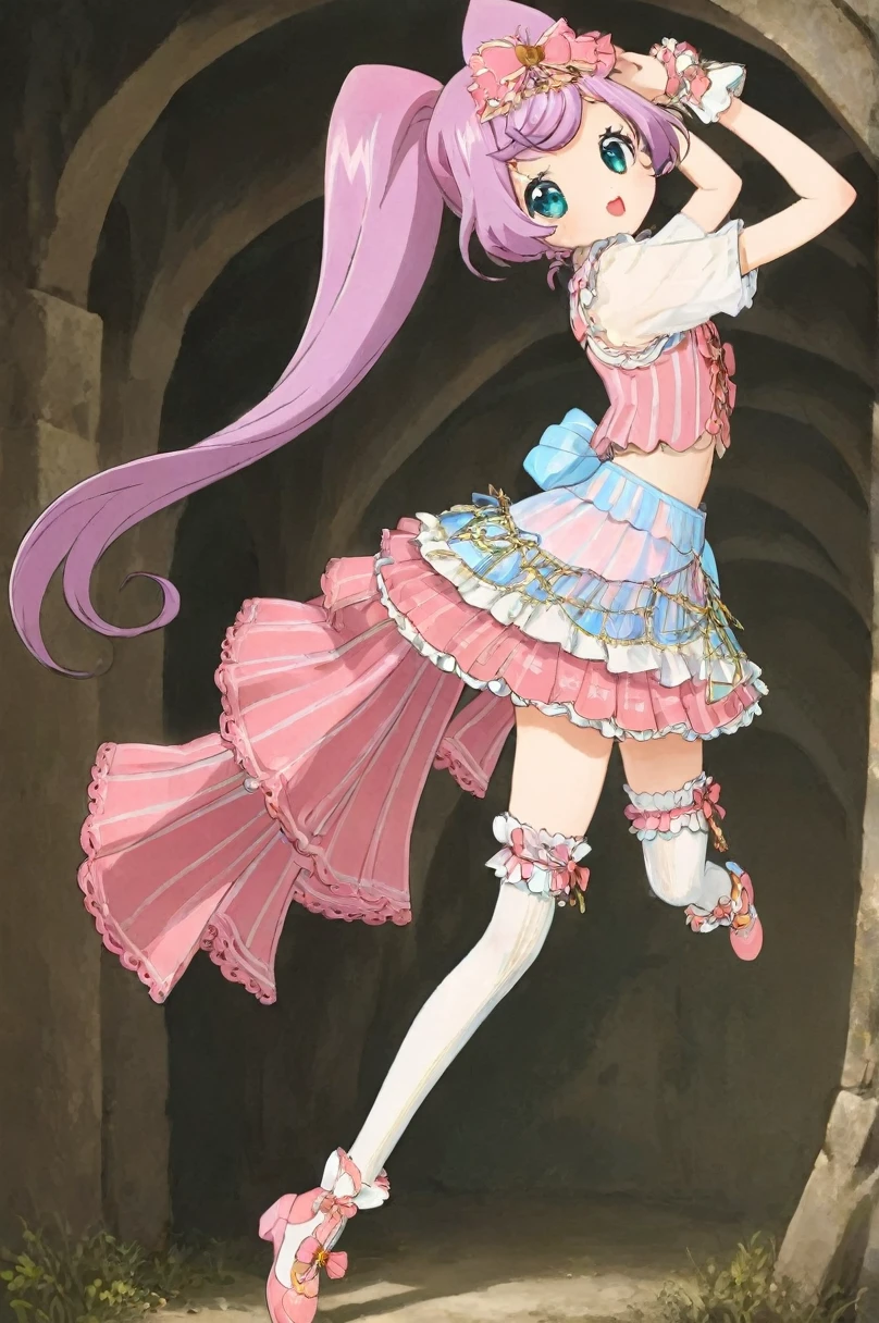 10 year old girl underwear, Rare Manaka、Realistic bloomers made from patterned cotton fabric, Medieval one-piece dress with panniers, Fabric Realism, Low Angle, I see bloomers, Pull up the dress by hand, Strong winds, Translucent slip, Translucent slip, tights, Highest quality, whole body