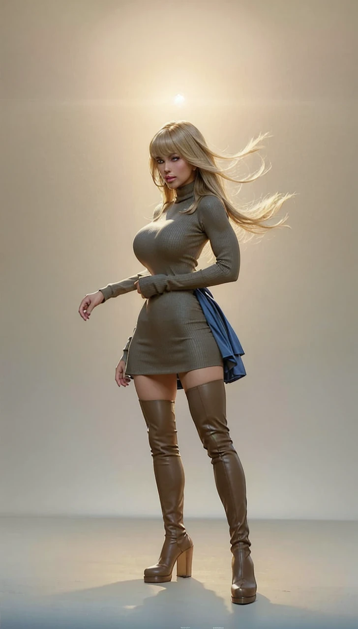 (master piece), RAW photo, ((extremly detailed)), high quality, best quality, charm, (1girl, solo), beautiful, the best lighting, muscular, Mature woman, perfect body, looks at the viewer, Maternal, shiny skin, oiled skin, seductive, sexy smile, big breast, huge breast, large breast, shiny skin, (((blue eyes))), blue eyes, blonde hair, (((brown long hair, long straight blonde hair with bangs))), (((Mini Sweater Dress Turtleneck, blue sweater dress))), (((Thigh High Boots, Long Boots For Women))), morning, outdoor, ((central prak)), ((beautiful central park)), realistic central park, detail background, ultra detail, 8K, high realistic, high resolution, the best resolution, detail hand, detail anatomy, detail body, (high detail), detail arms, (high detail fingers), the best proportions, (detail intricated), (portrait), the best pictures, hdr, dslr, fix, fit, full color, ((realistic)), ((photorealistic)), enhance, detail pose, perfect pose, the best proportion pose, soft light, natural light, detailed light, Professional, Amazing, slender, narrow waist, thighhighs, (standing), ((from side)), vivid, full body, realistic pose, realistic visual, the best visual, sexy pose,