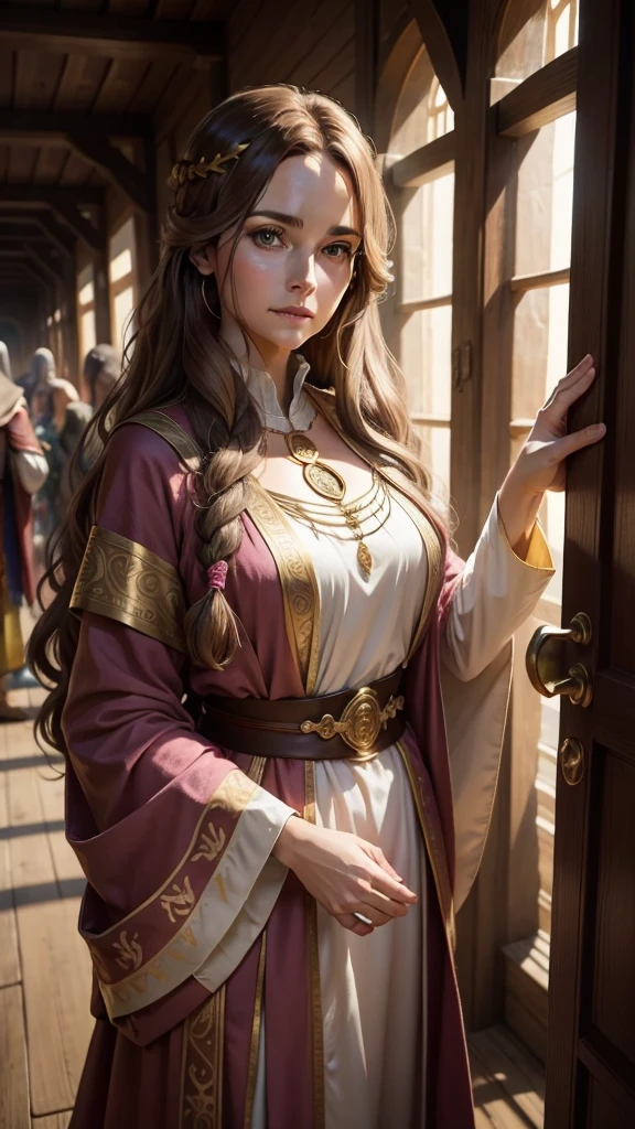 medieval fantasy, priestess in her late 40s, warm and welcoming presence, long wavy ((brown hairs)), pink and gold (ribbons), gentle green eyes, fair skin bears the soft lines of age and wisdom, flowing pink and gold robes, gold pendant, in a temple