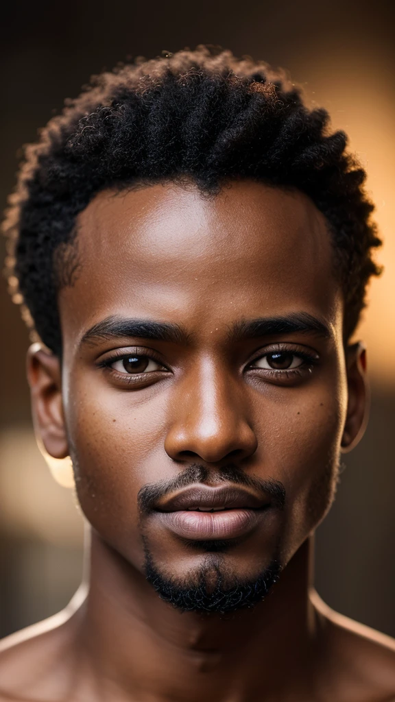 Create a realistic image of a 25-year-old Ethiopian man with the following features:
Skin: Dark with a reddish tinge.
Hair: Curly and dense.
Face: Long head and face.
Nose: Narrow and high.
Lips: Thick.
Chin: Marked.
Physical build: Tall and slender.
The image should capture the essence of the beauty and facial features typical of Ethiopian ethnicity, with attention to detail to create an authentic and realistic portrait. Use soft light to highlight the texture of the skin and the details of the face.