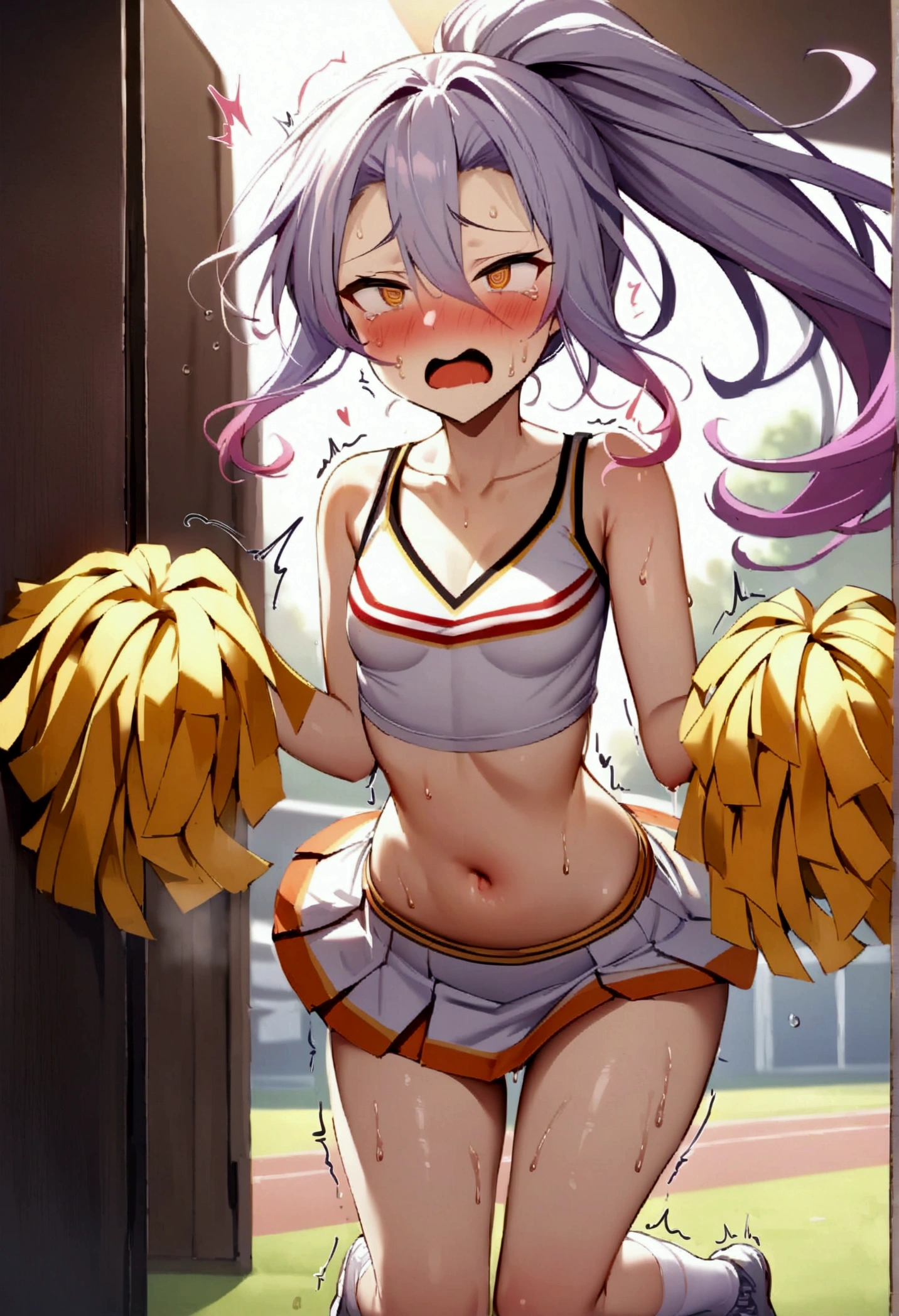 NSFW,masterpiece,Highest quality,High resolution,Very detailed,white\(no game No life\),Long Hair,Multicolored Hair,Hair between the eyes,Gradient Hair,Yellow Eyes,Flat Chest,ponytail,(Cheerleader),See-through,Tank top,Crop top,Micro Mini Skirt,Groin,Hip joint,Knee-high socks,Thigh straps,sports boots,locker room,Frustrated face,blush,Sticking out tongue,Sweat,sexual excitement,((Ecstasy face)),(Squirting),(orgasm),(Trembling),(Remote Control Vibrator),Spectacle,(training),(Young men),heart,Fingering