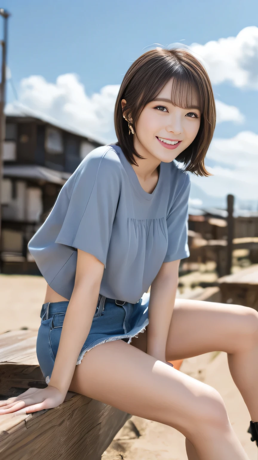 (((Tabletop, Highest quality, shape, Very detailed, Body with detailed bone structure、Delicately drawn hands and feet))), (((High resolution, 8k wallpaper, Perfect dynamic composition、No blur)))、Summer sunny sky、blue sea、Sandy Beach、(Background is sky:1.9)、Japanese women、30 years old、short hair、Beautiful attention to detail, cute、smile、Leaning forward、Denim mini skirt、(Panties are slightly visible.6)、T-Shirts、((Cleavage:0.5)), Spread your legs out to the side、Face and body facing forward、She looks shy in front of the camera