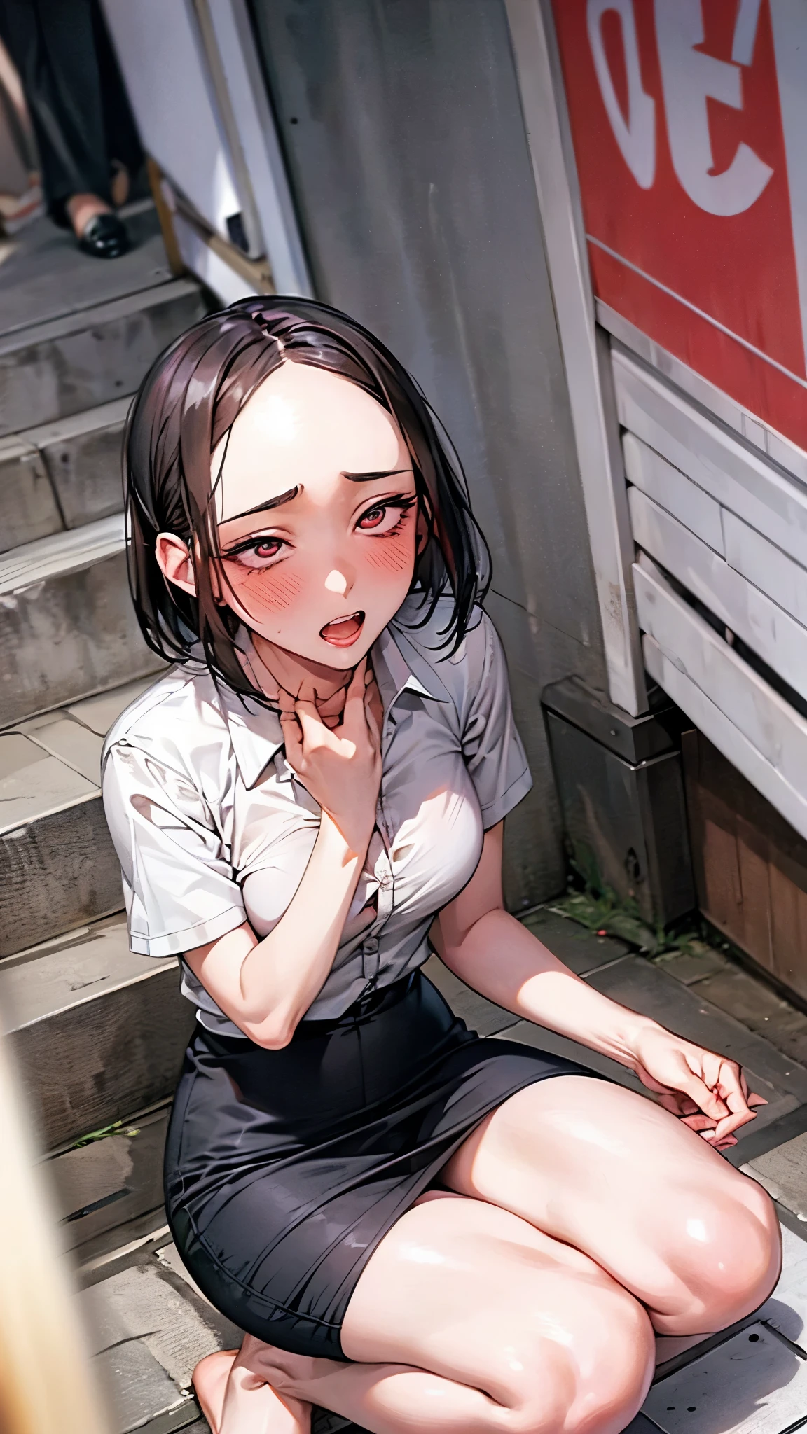 Stairs in the background,masterpiece,Highest quality,High resolution,Anatomically correct,business suit,Short Sleeve Button Down Shirt,Pencil Skirt,Sweat,barefoot,Glowing Skin,blush,Ahegao,Forehead,Bob,ID card,vibrator,male5人:2.0,,male,Surrounded:2.0