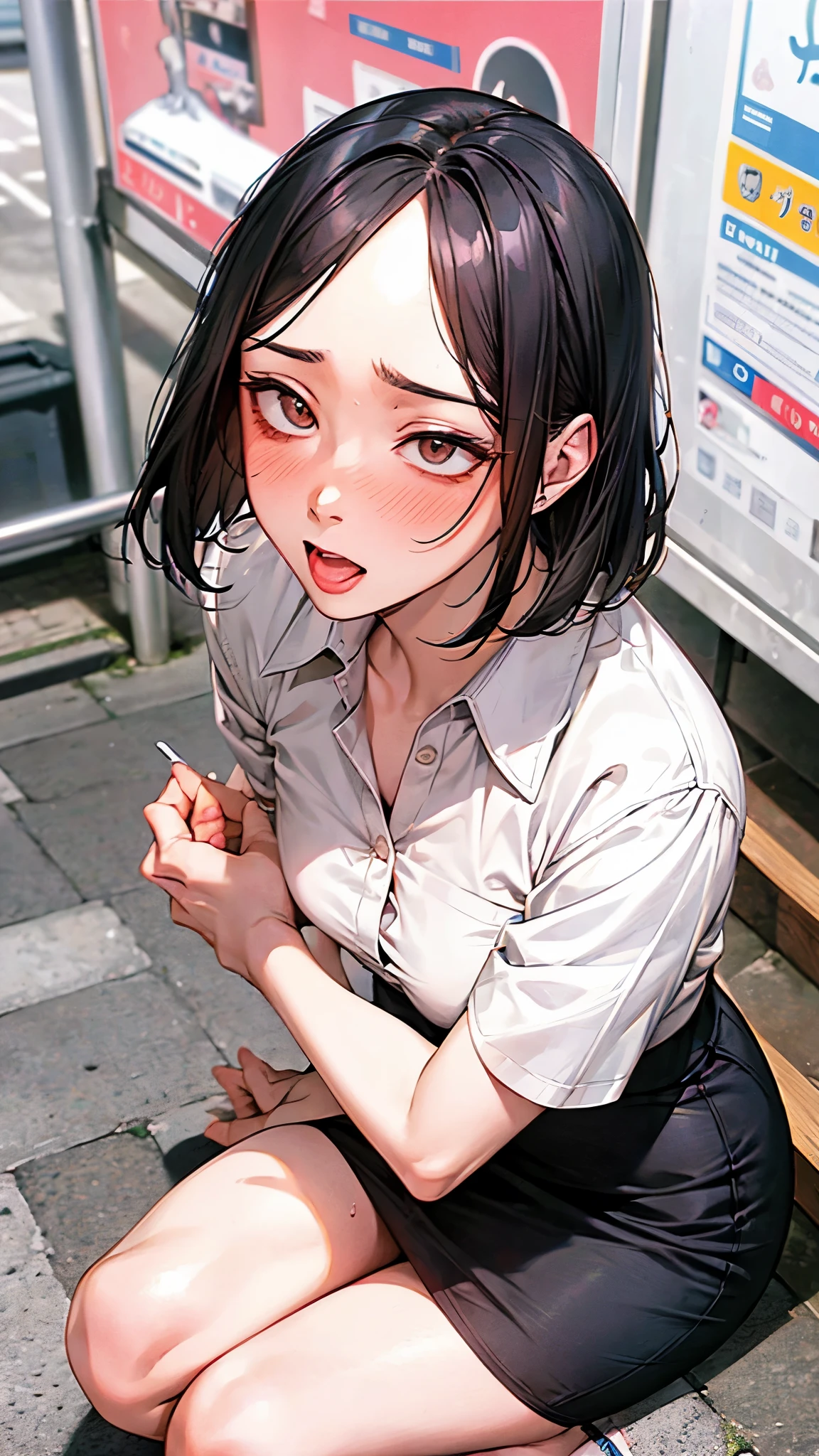 Stairs in the background,masterpiece,Highest quality,High resolution,Anatomically correct,business suit,Short Sleeve Button Down Shirt,Pencil Skirt,Sweat,barefoot,Glowing Skin,blush,Ahegao,Forehead,Bob,ID card,vibrator,male5人:2.0,,male,Surrounded:2.0