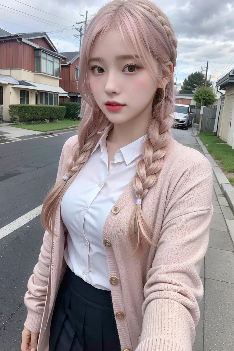 RAW Photo, (8k), (Best Quality: 1.2), (Realistic), (Realistic: 1.37), Ultra High Resolution, Selfie photo of a high school girl in , Selfie, (School uniform), (One woman, Half Korean and Half Ukrainian, 80% Korean, 16 years old, (Light pink hair close to blonde 1.4)), A young woman wearing a , braided hair, and a cardigan is walking down a suburban street. She has a bright and attractive expression. In the background are houses and utility poles, and the slightly cloudy sky creates a soft and calm atmosphere.