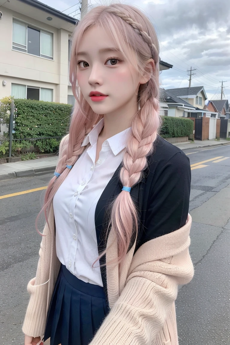 RAW Photo, (8k), (Best Quality: 1.2), (Realistic), (Realistic: 1.37), Ultra High Resolution, Selfie photo of a high school girl in , Selfie, (School uniform), (One woman, Half Korean and Half Ukrainian, 80% Korean, 16 years old, (Light pink hair close to blonde 1.4)), A young woman wearing a , braided hair, and a cardigan is walking down a suburban street. She has a bright and attractive expression. In the background are houses and utility poles, and the slightly cloudy sky creates a soft and calm atmosphere.