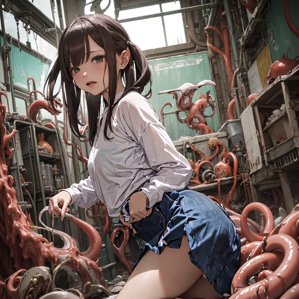 Girl captured by tentacles in abandoned factory、Tentacles in a skirt、Pants fabric texture、Crying and screaming