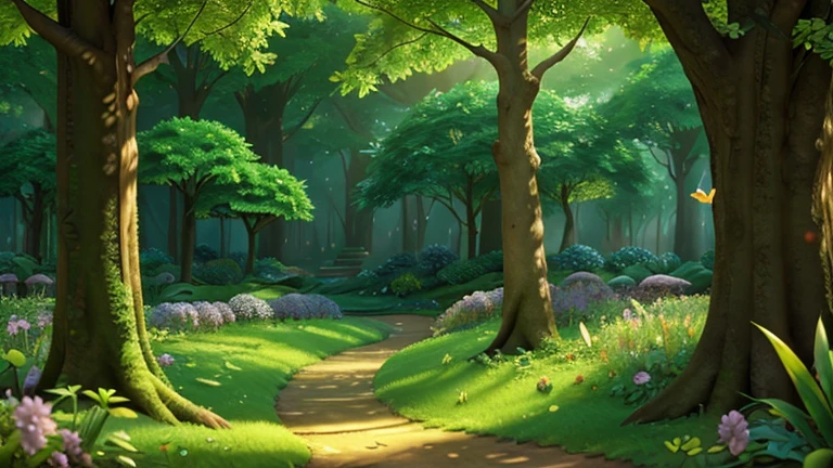 a magical enchanted forest, lush green foliage, sunlight filtering through the leaves, butterflies fluttering, intricate details, fantasy landscape, vibrant colors, serene atmosphere, photorealistic, 8k, highly detailed, cinematic lighting, concept art style