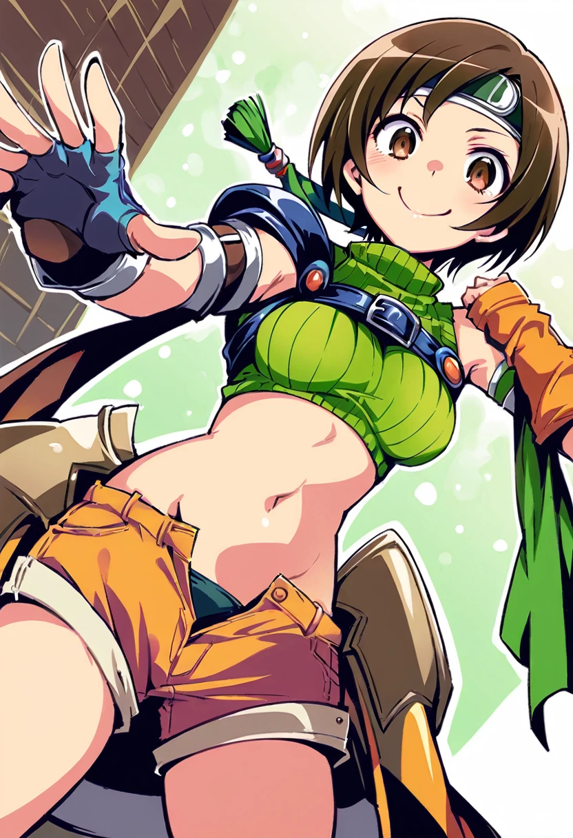 score_9, score_8_up, score_7_up,,BREAK , from below,navel below view.,mediumshot,(Standing pose),soro focus,1girl, yuffie kisaragi, final fantasy, short hair,headband,navel,sleeveless,turtleneck,brown eyes,sleeveless turtleneck,solo,breasts,looking at viewer,smile,gloves,crop top,brown hair,shorts,midriff,,sweater,open fly,armor,fingerless gloves,ribbed sweater,medium breasts,,smile,smug,best quality,aesthetic,very aesthetic,masterpiece,high-resolution, Vector graphics (Proportion).