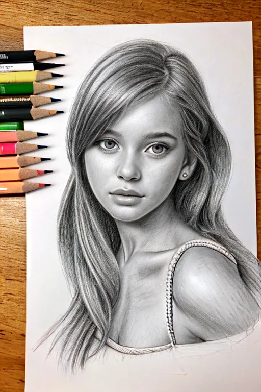 Create a 2D sketch portrait of a cute young woman with a unique, three-dimensional effect, as if the drawing is coming out of the paper. Use an H pencil on low grain white paper for an uncolored pencil line draft. Apply hand-drawn art techniques such as scumbling, extra lines, and clear lines, with hatching for depth and shadow. Emphasize certain elements, like her hair or a part of her clothing, to extend slightly beyond the paper's boundaries, creating an illusion of breaking the two-dimensional barrier. The black and white theme should enhance the 3D effect, making the girl appear as if she's emerging from the canvas.