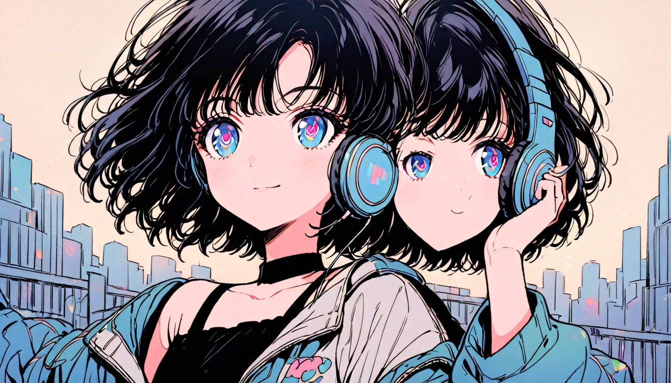 Beautiful 1girl, solo, gentle smile on her face flat chest, short hair, black hair, blue eyes, (detailed eyes), Woman with short hair,Wearing headphones and listening to music,Getting in the rhythm,City Pop,Urban Pop,Retroなレコードジャケットのイラスト