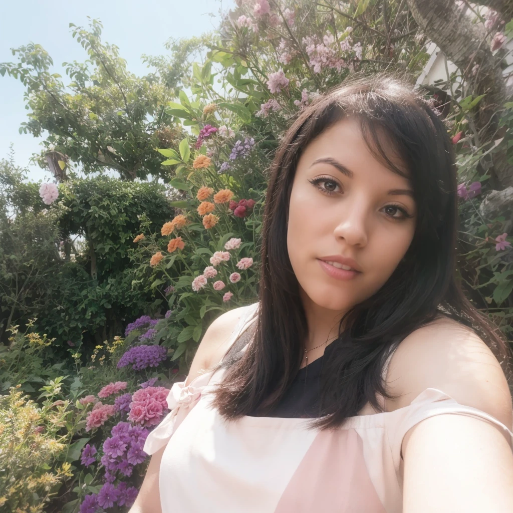 There is a woman who is taking a selfie in front of some flowers, 8k selfie photograph, con flores, in garden, in garden, Foto tomada con Canon 5D, Disparo con GoPro9, selfie shot straight on angle, Tomada en Go Pro Hero8, Tomada con Sony Alpha 9, Sentado in garden de rosas, sitting in garden