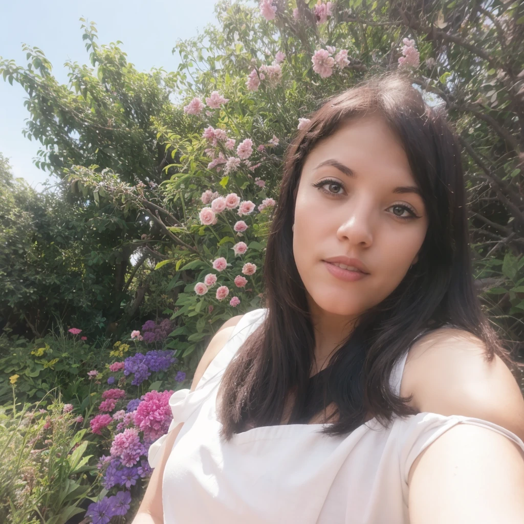 There is a woman who is taking a selfie in front of some flowers, 8k selfie photograph, con flores, in garden, in garden, Foto tomada con Canon 5D, Disparo con GoPro9, selfie shot straight on angle, Tomada en Go Pro Hero8, Tomada con Sony Alpha 9, Sentado in garden de rosas, sitting in garden
