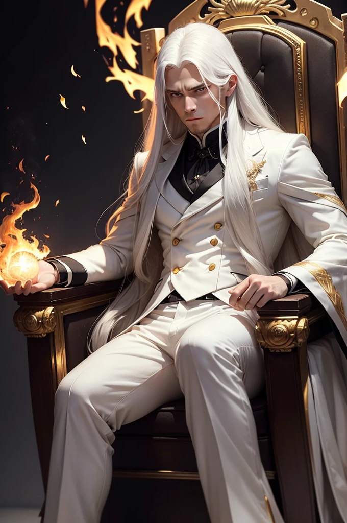 man, twenty eight years old, white long hair, wearing white suit, black pants, strong body, serious face, hands crossed, sitting on a throne, dim light, flames around, golden eyes