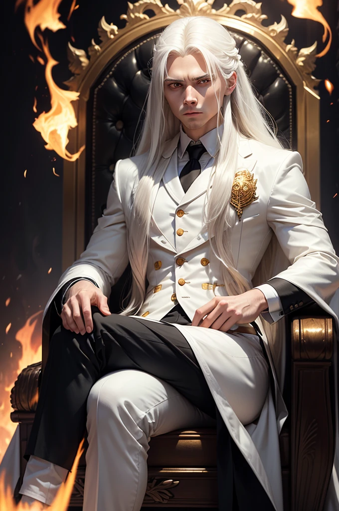 man, twenty eight years old, white long hair, wearing white suit, black pants, strong body, serious face, hands crossed, sitting on a throne, dim light, flames around, golden eyes