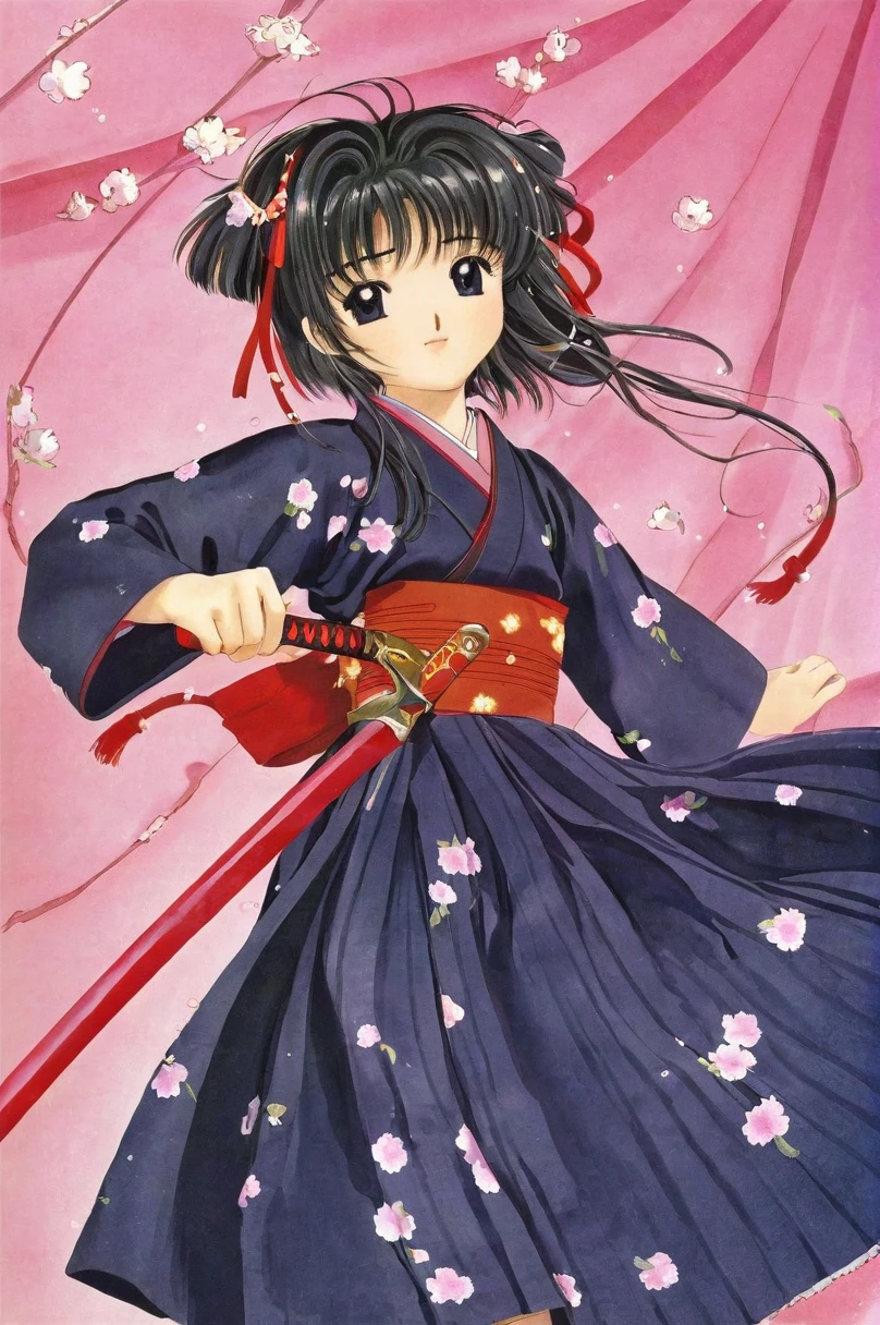 10 year old girl underwear, sakura shinguuji、Realistic bloomers made from patterned cotton fabric, Kimono and Hakama, Fabric Realism, Low Angle, I see bloomers, Pull up the dress by hand, Strong winds, Translucent slip, Translucent slip, tights, Highest quality, whole body、Black Hair、Holding a sword、Big ribbon in hair