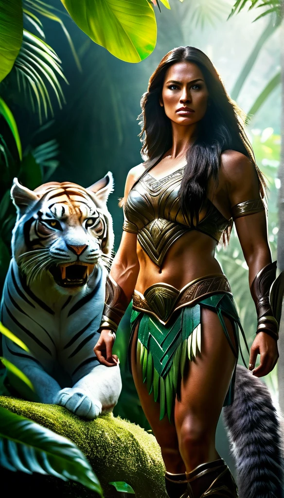 A beautiful Amazonian female warrior, detailed muscular female body, long dark hair, fierce expression, giant wild cat standing near her, protecting the warrior, lush jungle background, sunlight streaming through the trees, (best quality,4k,8k,highres,masterpiece:1.2),ultra-detailed,(realistic,photorealistic,photo-realistic:1.37),intricate details, dramatic lighting, vibrant colors, fantasy art, digital painting, cinematic hollywood film style 