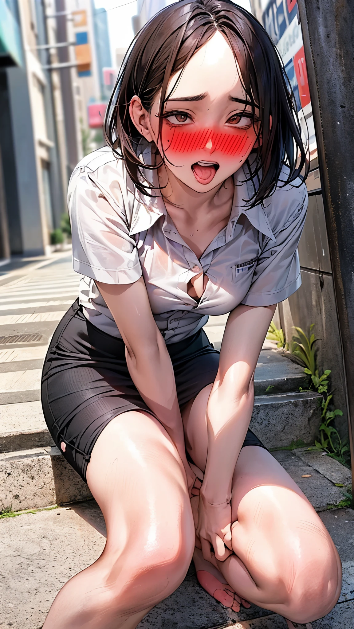 Stairs in the background,masterpiece,Highest quality,High resolution,Anatomically correct,business suit,Short Sleeve Button Down Shirt,Pencil Skirt,Sweat,barefoot,Glowing Skin,Ahegao,Forehead,Bob,ID card,vibrator,male5人:2.0,,male,Surrounded:2.0