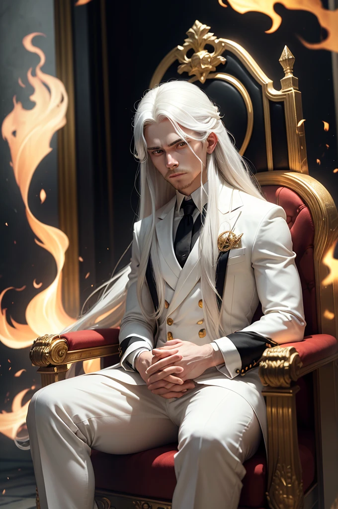 man, twenty eight years old, white long hair, wearing white suit, black pants, strong body, serious face, hands crossed, sitting on a throne, dim light, flames around, golden eyes, long distance view, wide angle image