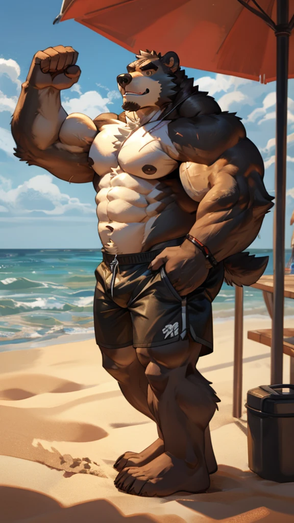 Big Grizzly Bear Bara furry anthropomorphic muscular in black shorts and shirtless. Working out at the beach
