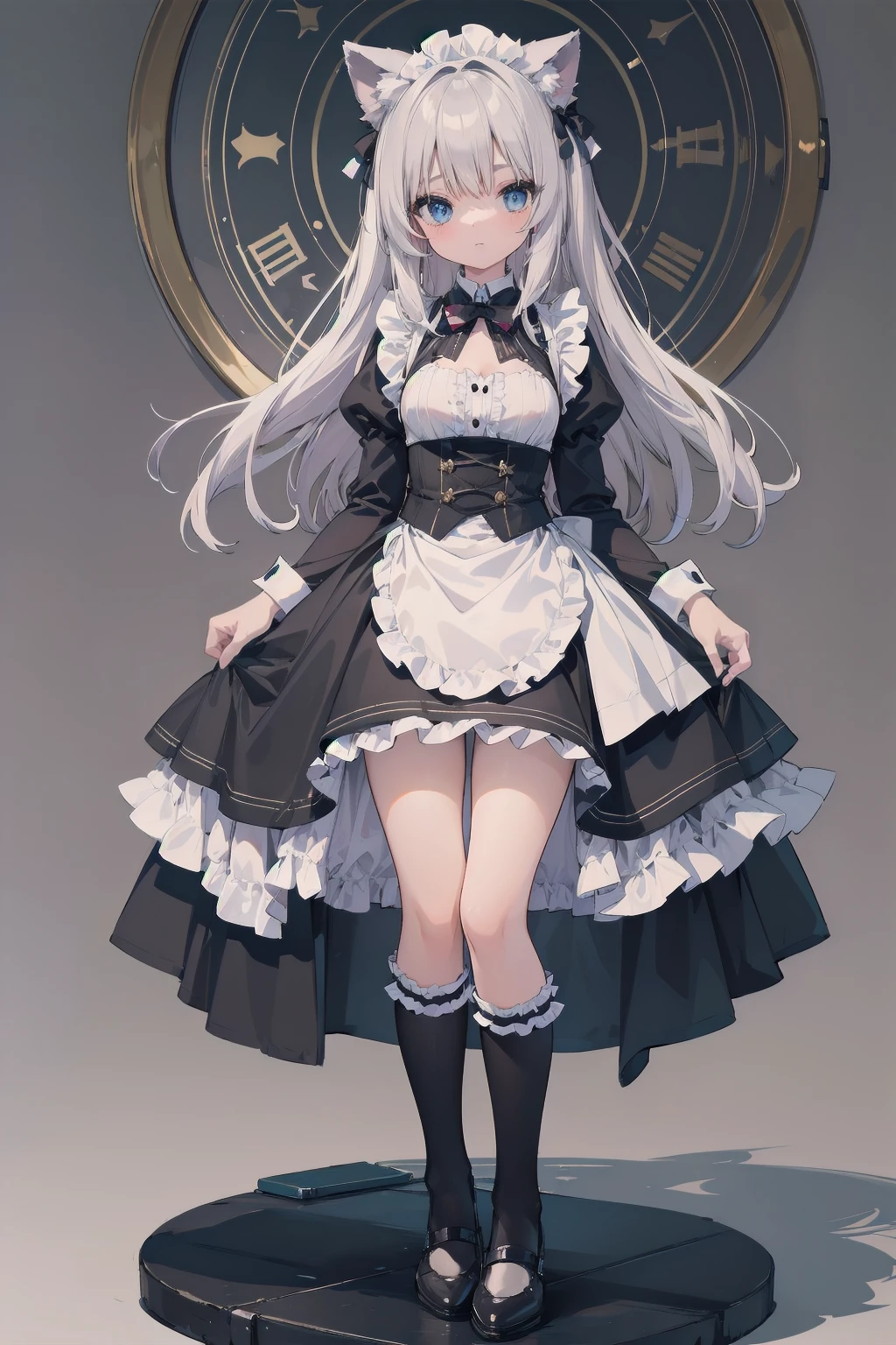 (Animal ears), Light silver hair, blue eyes, Wearing a maid cosplay costume with a skirt and knee socks, Alluring thighs, Full body pose,Indifferent expression, (masterpiece), (Highest quality), (非常にdetailedな), more_detailed:-1, more_detailed:0, more_detailed:0.5, more_detailed:1, more_detailed:1.5, Shine