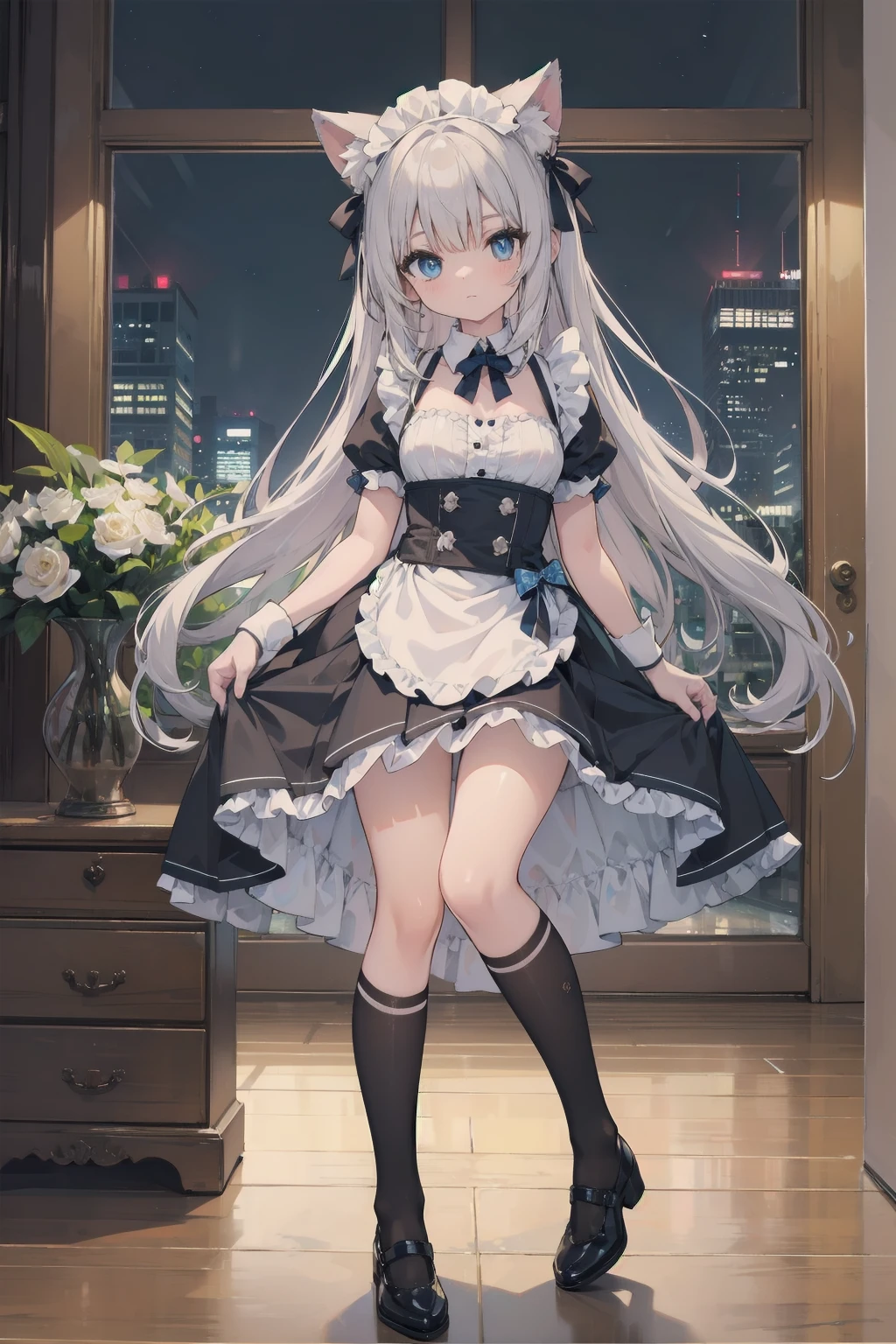 (Animal ears), Light silver hair, blue eyes, Wearing a maid cosplay costume with a skirt and knee socks, Alluring thighs, Full body pose,Indifferent expression, (masterpiece), (Highest quality), (非常にdetailedな), more_detailed:-1, more_detailed:0, more_detailed:0.5, more_detailed:1, more_detailed:1.5, Shine