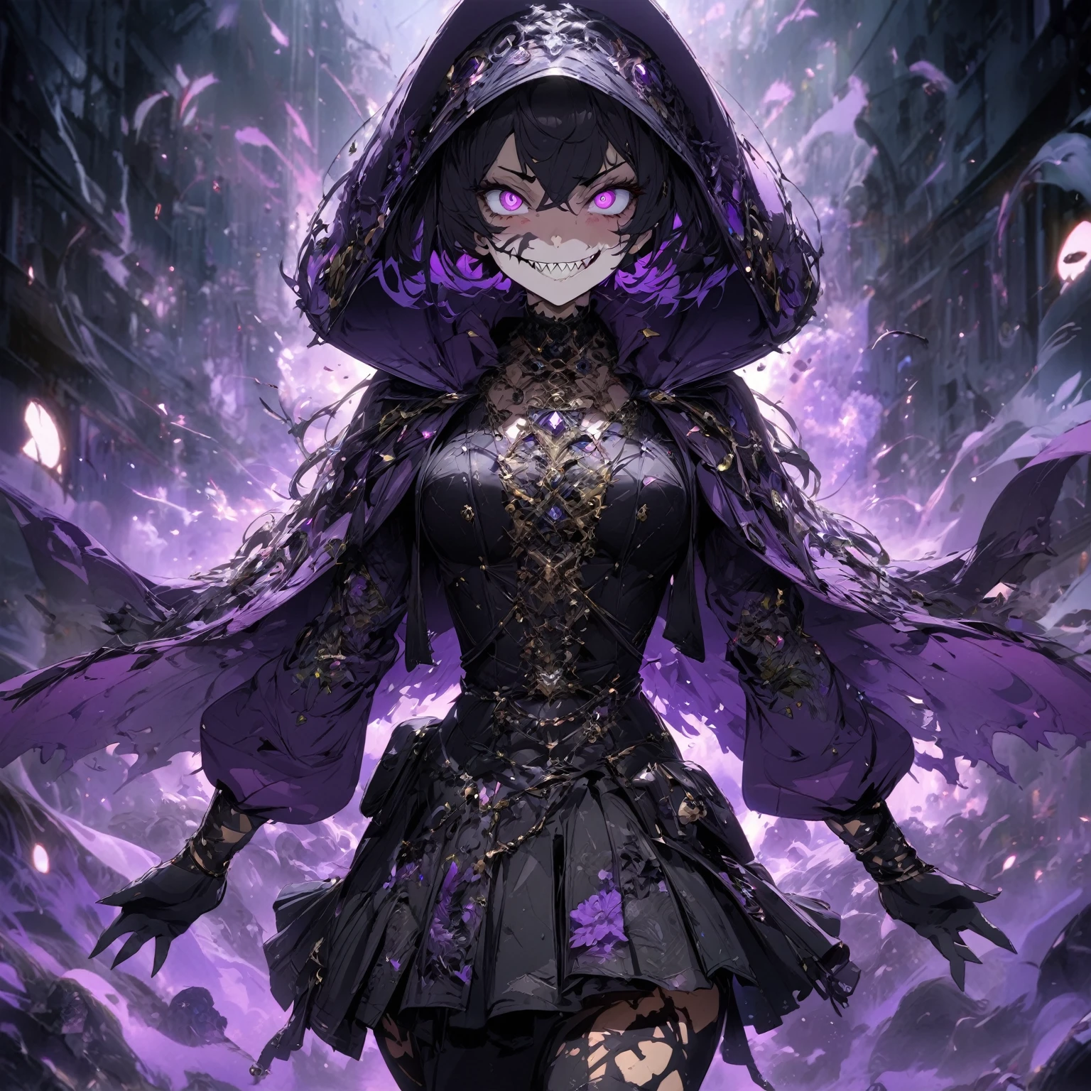 a lady Wearing a purple cape that is like shadowy and gaseous, wearing a unique casual outfit, in a background that suit her outfit theme, a unique pose that suit her character, her facial expression is, **Evil Grin:** Narrowed or gleaming eyes, wide sinister grin, (nude:0.8), sharp teeth, detailed gorgeous face| anime style| key visual| intricate detail| highly detailed| breathtaking| vibrant| panoramic| cinematic| Carne Griffiths| Conrad Roset| gibbli 8k,