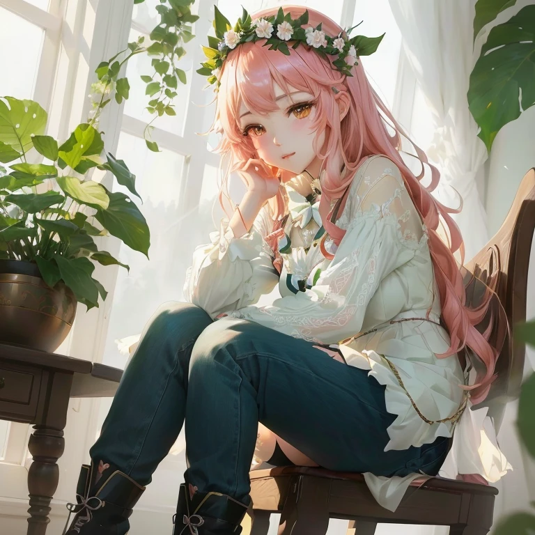 anime girl sitting on a chair with a flower crown on her head, cute anime girl, anime style 4 k, beautiful anime girl, pretty anime girl, anime art wallpaper 4k, anime art wallpaper 4 k, beautiful anime portrait, guweiz on pixiv artstation, anime art wallpaper 8 k, anime wallaper, 4k anime wallpaper