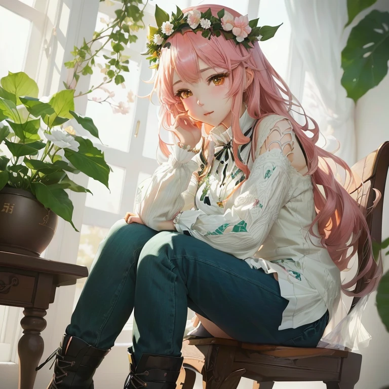 anime girl sitting on a chair with a flower crown on her head, cute anime girl, anime style 4 k, beautiful anime girl, pretty anime girl, anime art wallpaper 4k, anime art wallpaper 4 k, beautiful anime portrait, guweiz on pixiv artstation, anime art wallpaper 8 k, anime wallaper, 4k anime wallpaper