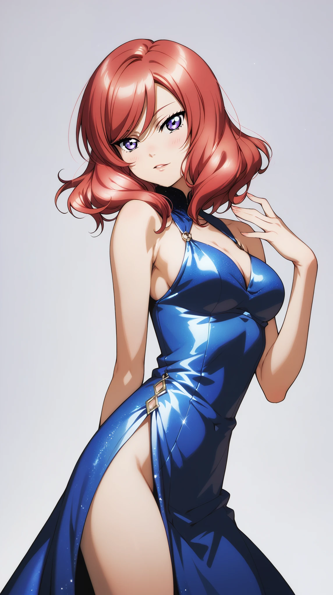 masterpiece, best quality,solo, hair over eyes,nishikino maki,red hair, purple eyes,form-fitting light blue dress , simple background , medium breasts 