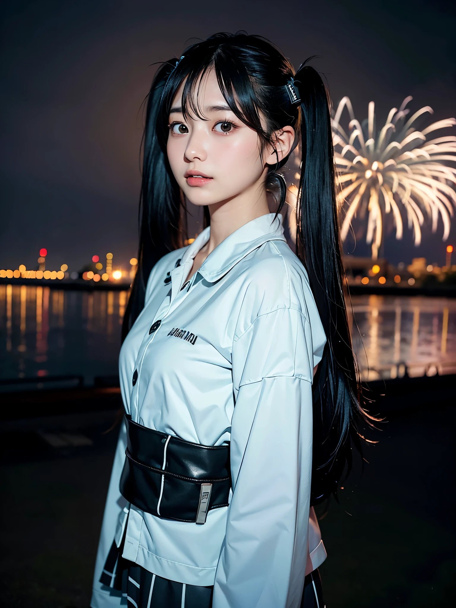 40-year-old Japanese woman、Black Hair、Hair is very short、Twin tails、Hatsune Miku Costume、Headphones、Flat Chest、Realistic photos、Realistic、8K quality、expensive、No bangs、Fireworks display、High resolution, Highest quality, Anatomically correct, Winner of numerous awards, Ultra high definition,