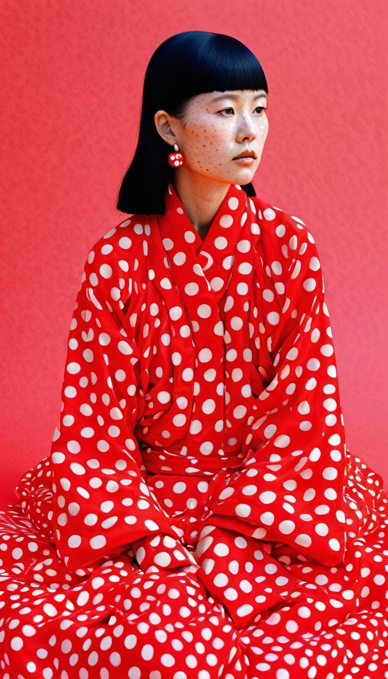 In warm tones，Polka dots jump like musical notes，Weaving a pop art dream in the style of Yayoi Kusama。A girl in Hanfu sits lightly among them，Her clothes and face are inlaid with the iconic polka dot pattern，It&#39;s like repeated art in a mirror，It&#39;s like a fusion of surrealism and reality.。Bright colors interweave in acrylic and oil brushstrokes，Show the beauty of symmetry，Bringing infinite visual extension。Width screen，Like a symphony of vision and soul，Playing the melody of art and life。