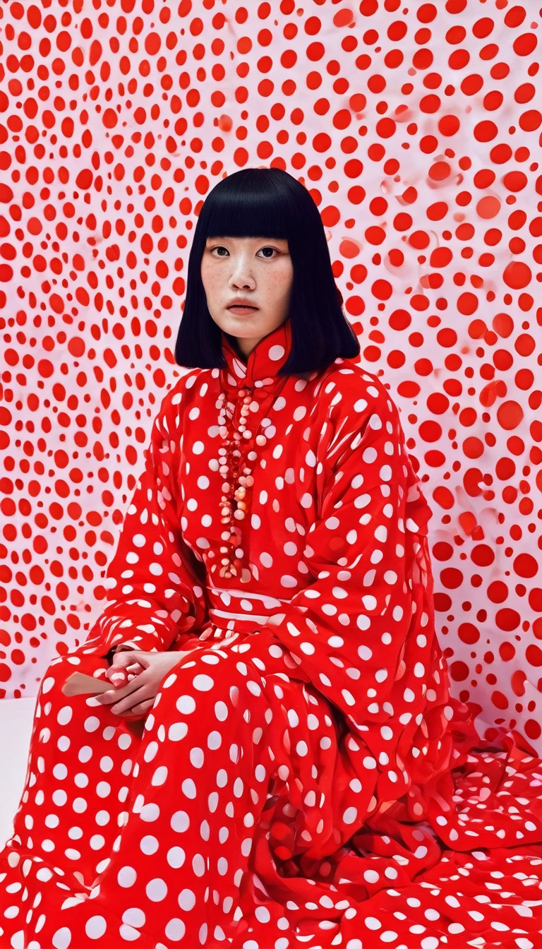 In warm tones,Polka dots jump like musical notes,Weaving a pop art dream in the style of Yayoi Kusama。A girl in Hanfu sits lightly among them,Her clothes and face are inlaid with the iconic polka dot pattern,It's like repeated art in a mirror,It's like a fusion of surrealism and reality.。Bright colors interweave in acrylic and oil brushstrokes,Show the beauty of symmetry,Bringing infinite visual extension。Width screen,Like a symphony of vision and soul,Playing the melody of art and life。