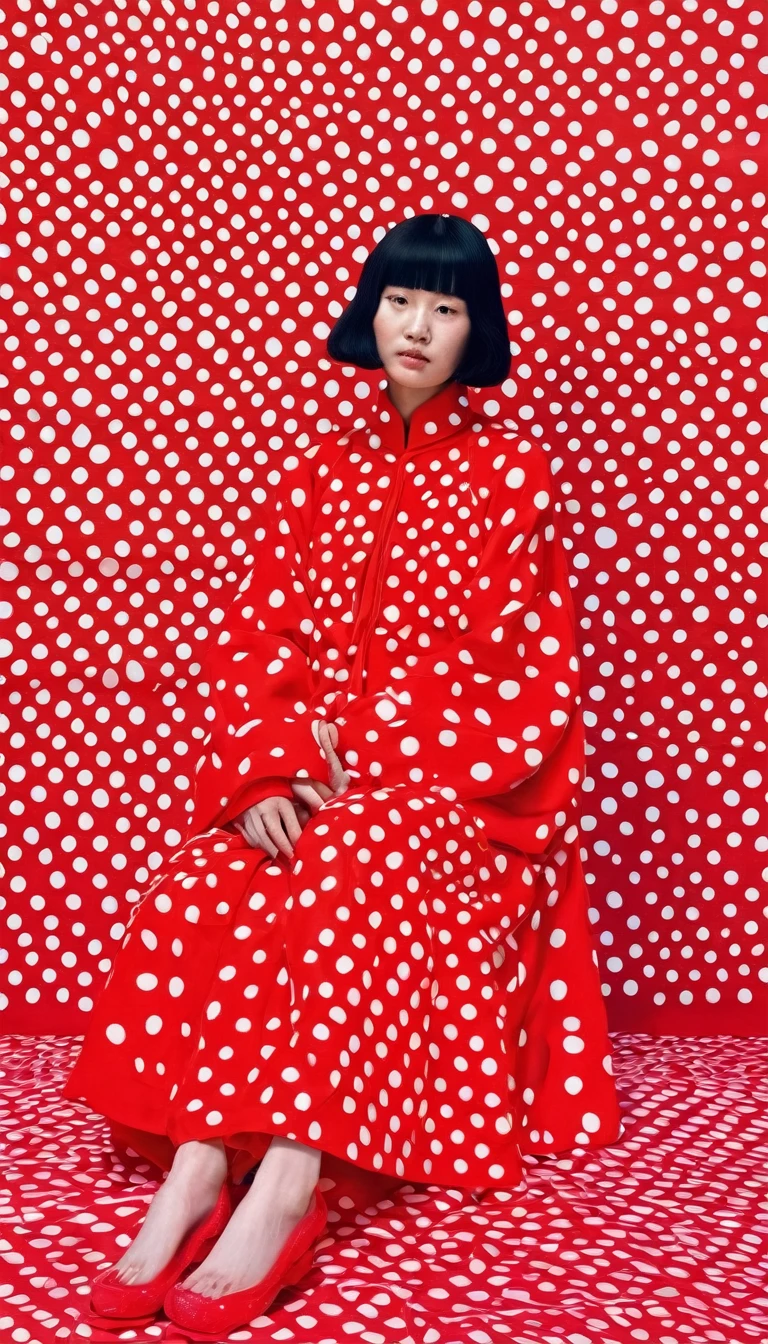 In warm tones,Polka dots jump like musical notes,Weaving a pop art dream in the style of Yayoi Kusama。A girl in Hanfu sits lightly among them,Her clothes and face are inlaid with the iconic polka dot pattern,It's like repeated art in a mirror,It's like a fusion of surrealism and reality.。Bright colors interweave in acrylic and oil brushstrokes,Show the beauty of symmetry,Bringing infinite visual extension。Width screen,Like a symphony of vision and soul,Playing the melody of art and life。