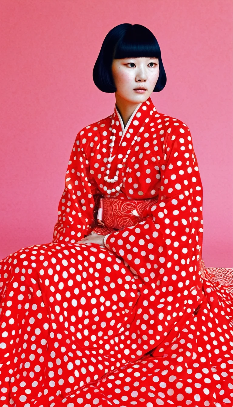 In warm tones,Polka dots jump like musical notes,Weaving a pop art dream in the style of Yayoi Kusama。A girl in Hanfu sits lightly among them,Her clothes and face are inlaid with the iconic polka dot pattern,It's like repeated art in a mirror,It's like a fusion of surrealism and reality.。Bright colors interweave in acrylic and oil brushstrokes,Show the beauty of symmetry,Bringing infinite visual extension。Width screen,Like a symphony of vision and soul,Playing the melody of art and life。
