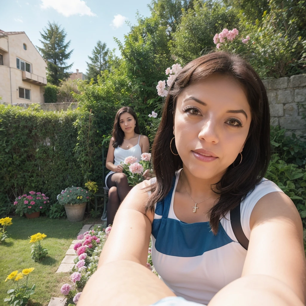 There is a woman who is taking a selfie in front of some flowers, 8k selfie photograph, con flores, in garden, in garden, Foto tomada con Canon 5D, Disparo con GoPro9, selfie shot straight on angle, Tomada en Go Pro Hero8, Tomada con Sony Alpha 9, Sentado in garden de rosas, sitting in garden