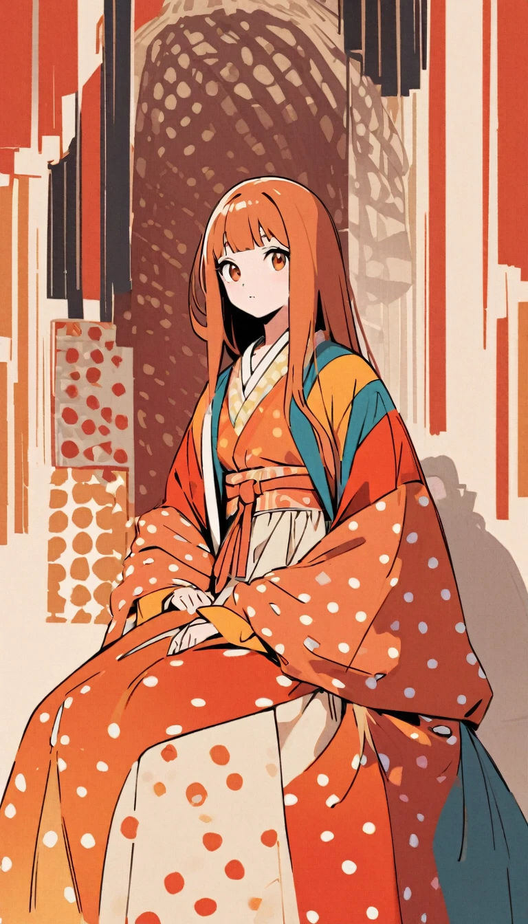 In warm tones,Polka dots jump like musical notes,Weaving a pop art dream in the style of Yayoi Kusama。A girl in Hanfu sits lightly among them,Her clothes and face are inlaid with the iconic polka dot pattern,It's like repeated art in a mirror,It's like a fusion of surrealism and reality.。Bright colors interweave in acrylic and oil brushstrokes,Show the beauty of symmetry,Bringing infinite visual extension。Width screen,Like a symphony of vision and soul,Playing the melody of art and life。