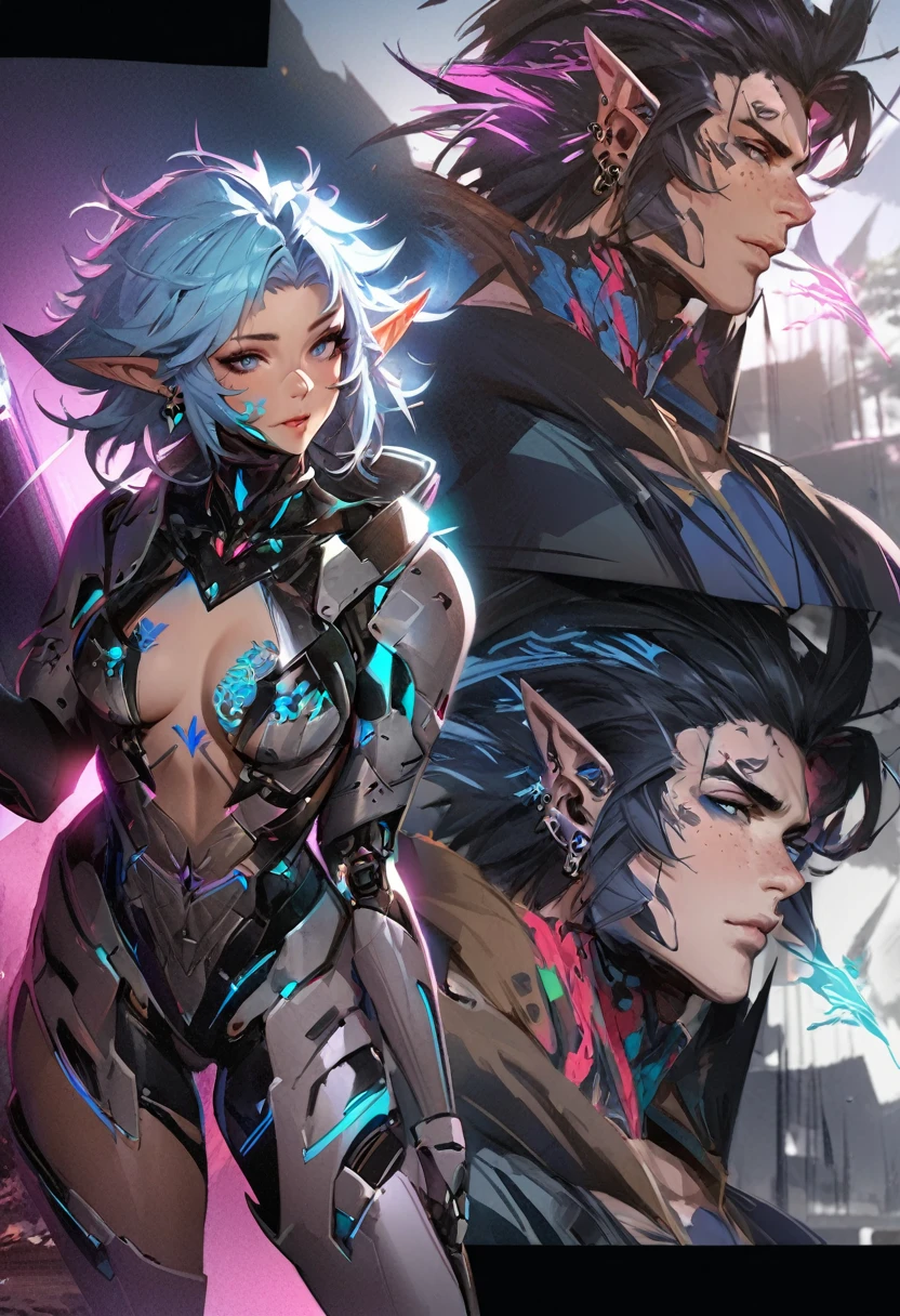 2 guys ethereal demonic 25 year old anime guy male druids, with metallic long hair, delicate masterpieceintimate delicate etched glowing neon tattoos, Fabulous full view painting of a winking beautiful and gorgeous elf ((male)) almostkissing, perfect face, blue/black pastel eyes, long white/black wisp hair, freckles, piercings and tattoo foil print neonbody art, laboratory experiment, perfect anatomy, centered, almost perfect, dynamic, very detailed, glowing, artstation, concept art, soft and sharp focus, art by Carne Griffiths and Wadim Kashin, airbrush graffiti techniques, high-definition accent lighting, epic, elven atmosphere, contrasted with vibrant paint colors., futuristic cyborg in the year 2950,