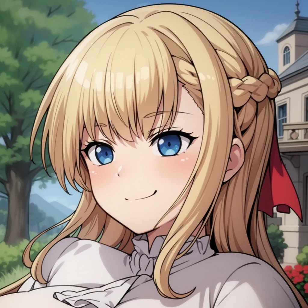 high quality, masterpiece. Blue eyes. blonde hair. braid. tricky glance. evil smile. haughty face. Hand on cheek. white elegant blouse. Against the background of a beige manor with a garden.
