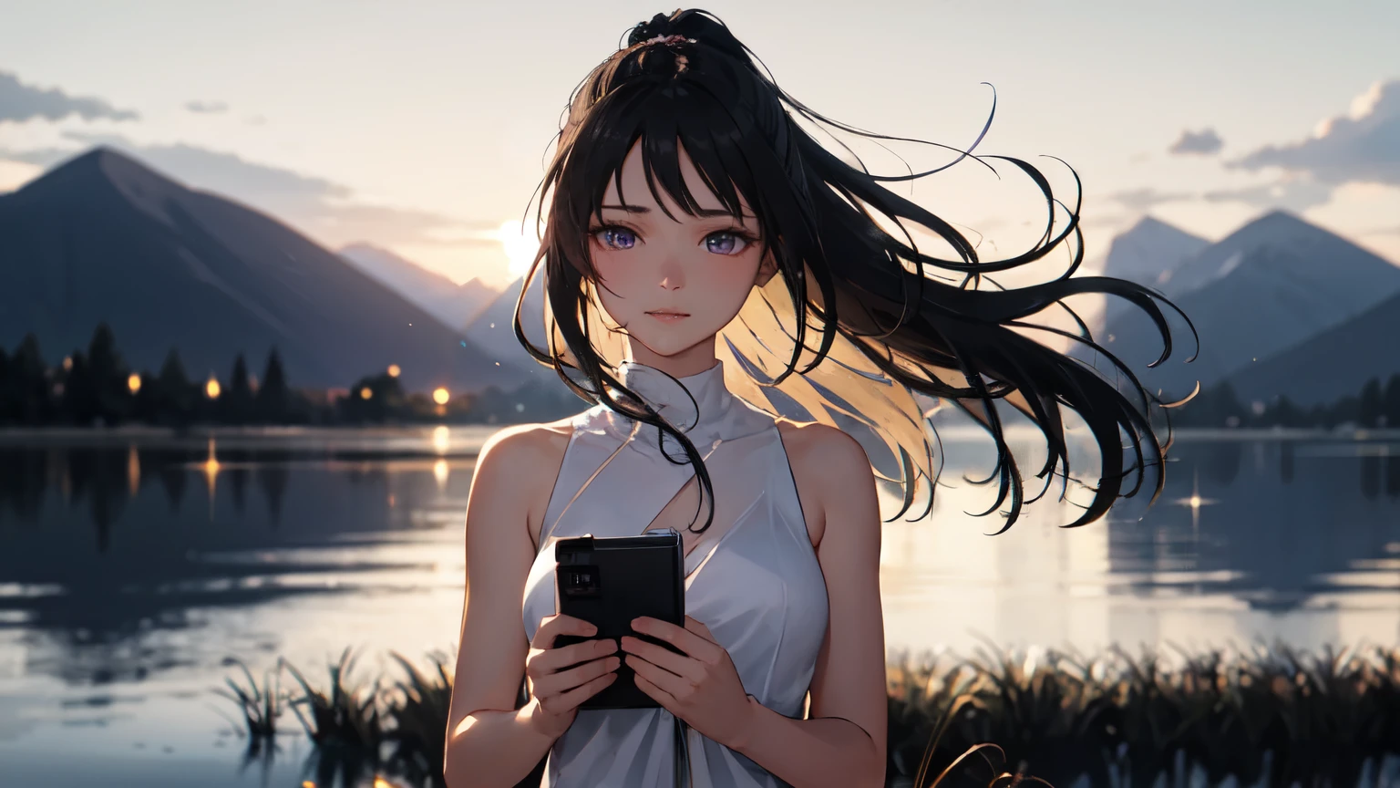 At the moment the sun sets, a beautiful girl stands in the vast plains. Her long white hair, tied into a ponytail, sways gently in the breeze. The camera draws closer, focusing on her delicate features. Her violet eyes, catching the light of the setting sun, sparkle like precious gems, reflecting the brilliant hues of the sky.

As the camera gets even closer, it captures the subtle movement of her eyelashes as she blinks, and the slight parting of her lips as she breathes in the cool evening air. Her skin, bathed in the golden glow of the setting sun, looks almost ethereal.

In her hands, she holds a small notebook. The camera zooms in on her slender fingers as they delicately turn the pages, and the soft scratching sound of her pen as she writes. Each stroke of the pen is deliberate, capturing her thoughts and emotions about this breathtaking moment.

The camera pans out slightly to reveal the surrounding plains, the grass gently swaying in the wind, but quickly returns to her face, focusing on the serene expression in her violet eyes. The reflection of the sunset in her eyes is almost hypnotic, drawing the viewer into the moment.

As the sun dips below the horizon, the camera captures her softly closing the notebook and holding it close to her chest. A gentle smile plays on her lips, and the camera lingers on that smile, conveying a sense of peace and contentment.

In this intimate moment, she becomes one with the natural beauty around her. The camera follows her as she turns to leave, the golden light slowly fading, but the serene expression remains, a promise of new beginnings as she slowly makes her way home.