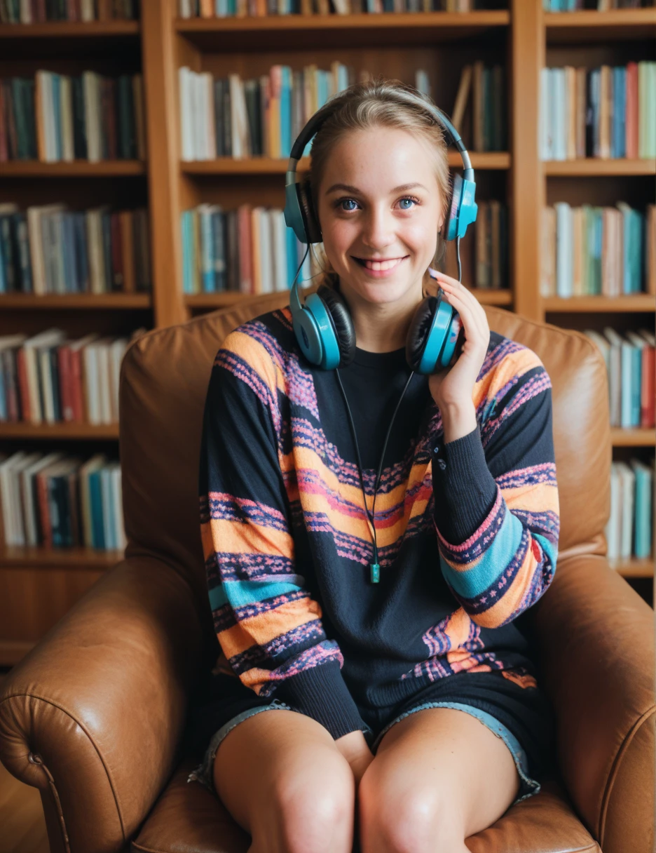 university student, happy, black fur, Colorful clothes, helping a blind , who has headphones on, a leer braille. They are sitting in an armchair in a library. photorealistic, 8k
