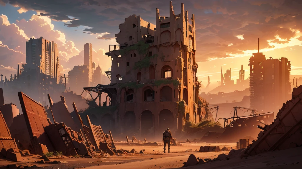 Post-apocalyptic desert landscape in anime style for alternative rock cover. Red sand dunes under a stormy sky with green lightning. Ruins of an ancient metropolis emerge from the sand, with leaning skyscrapers and broken bridges. Spotlight, an electric guitar stuck in the sand, emitting waves of energy. Detailed and rough animation style, inspired by 'Trigun' and 'Desert Punk'. Predominant Colors: intense oranges, rusty reds and acid greens. Tense and dramatic atmosphere