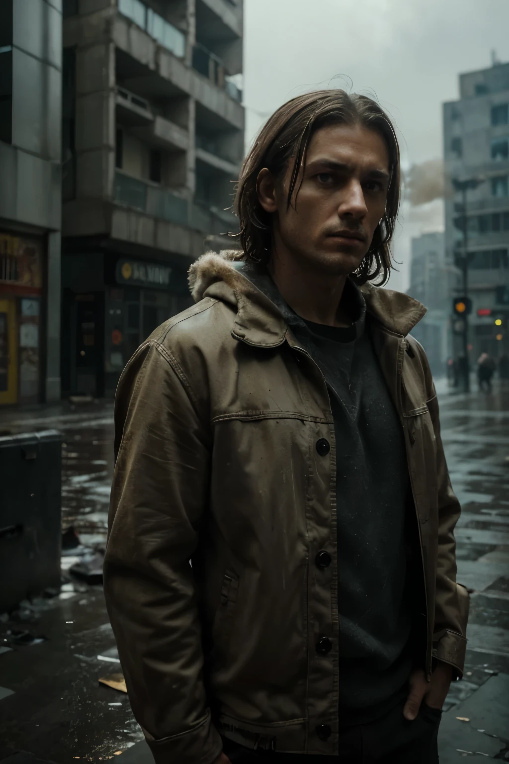 (Best quality, Ultra detailed, Golden ratio, Masterpiece:1.2), Dramatic lighting:0.8, Photo of a man, standing in the middle of an empty city square, The Begging of The End written on a crumbling wall behind him, (Highly detailed facial features), balding, weary expression, deep set eyes, lined face, worn clothes, tired posture, focused gaze, (rain, 1.1), (gray, 1.3), gritty texture, (sharp focus on face and eyes:1.2), photorealistic, film grain, (smoke, 0.7), eerie silence, abandoned buildings, looming shadows,