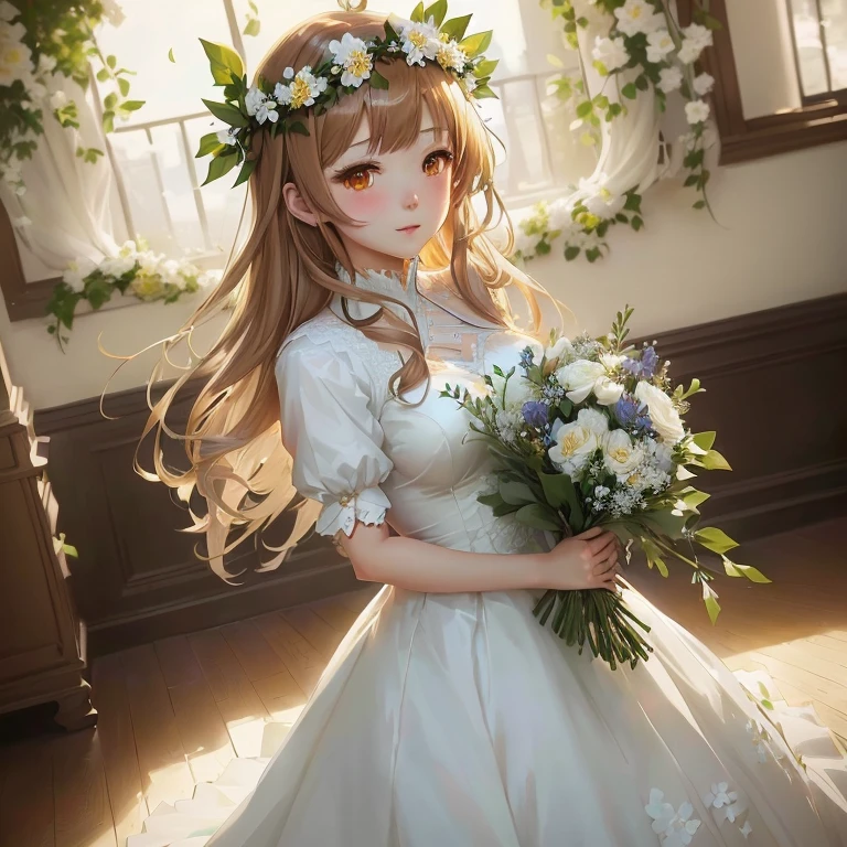 anime girl in a white dress holding a bouquet of flowers,  in dress, cute anime waifu in a nice dress, marin kitagawa fanart, with flowers, guweiz on pixiv artstation, anime moe artstyle, smooth anime cg art, beautiful maiden, rin, guweiz on artstation pixiv, [ 4 k digital art ]!!