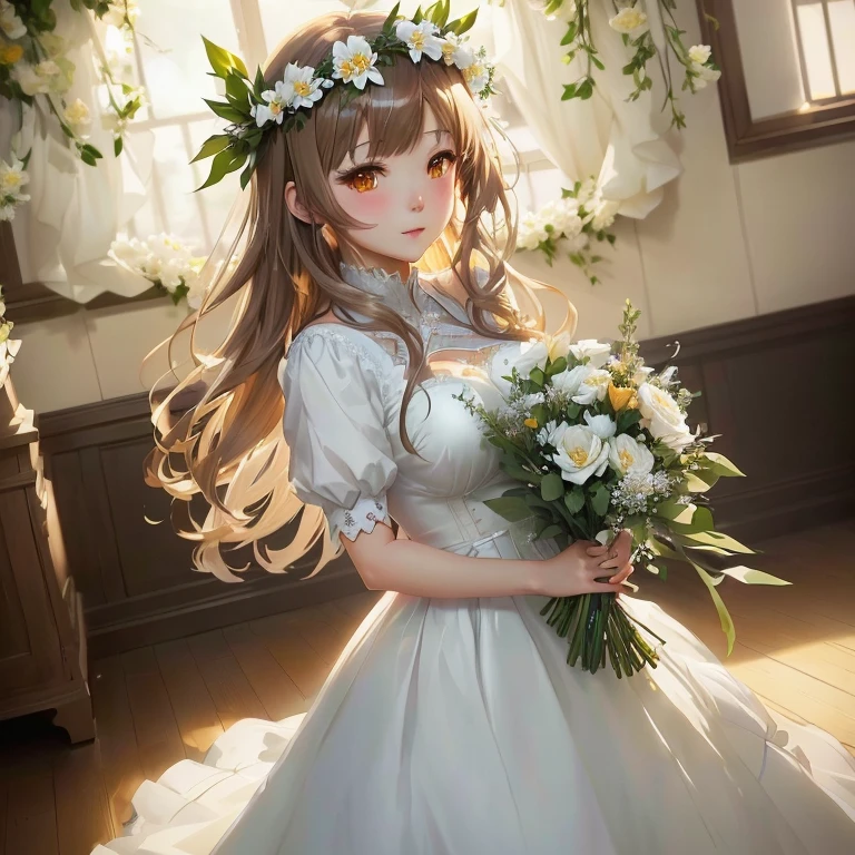 anime girl in a white dress holding a bouquet of flowers,  in dress, cute anime waifu in a nice dress, marin kitagawa fanart, with flowers, guweiz on pixiv artstation, anime moe artstyle, smooth anime cg art, beautiful maiden, rin, guweiz on artstation pixiv, [ 4 k digital art ]!!