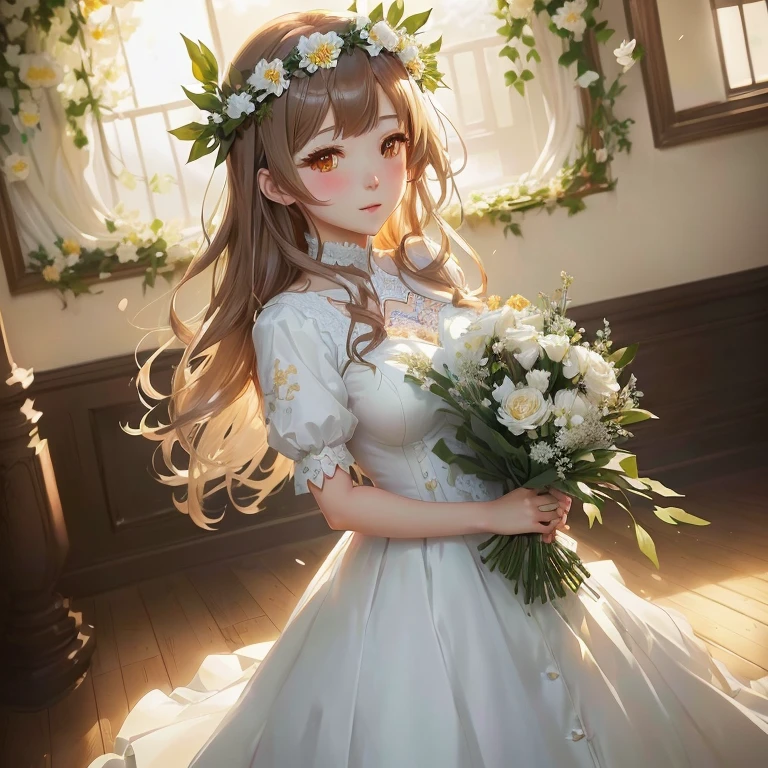 anime girl in a white dress holding a bouquet of flowers,  in dress, cute anime waifu in a nice dress, marin kitagawa fanart, with flowers, guweiz on pixiv artstation, anime moe artstyle, smooth anime cg art, beautiful maiden, rin, guweiz on artstation pixiv, [ 4 k digital art ]!!