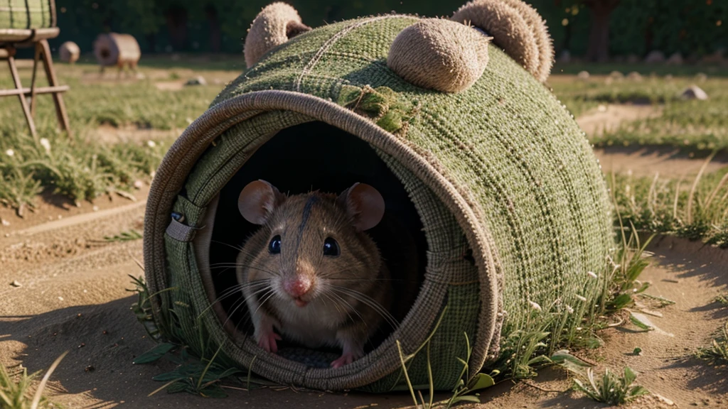 a poor happy mouse, wearing a hat, inside his burrow in the field, Pixar style, adorable mouse, cute mouse, detailed mouse face, detailed mouse eyes, detailed mouse nose and whiskers, detailed mouse ears, detailed mouse fur, highly detailed, 3D render, 4k, photorealistic, vibrant colors, warm lighting, dynamic composition, whimsical, cute hat, cozy burrow, lush field, soft textures, charming, adorable
