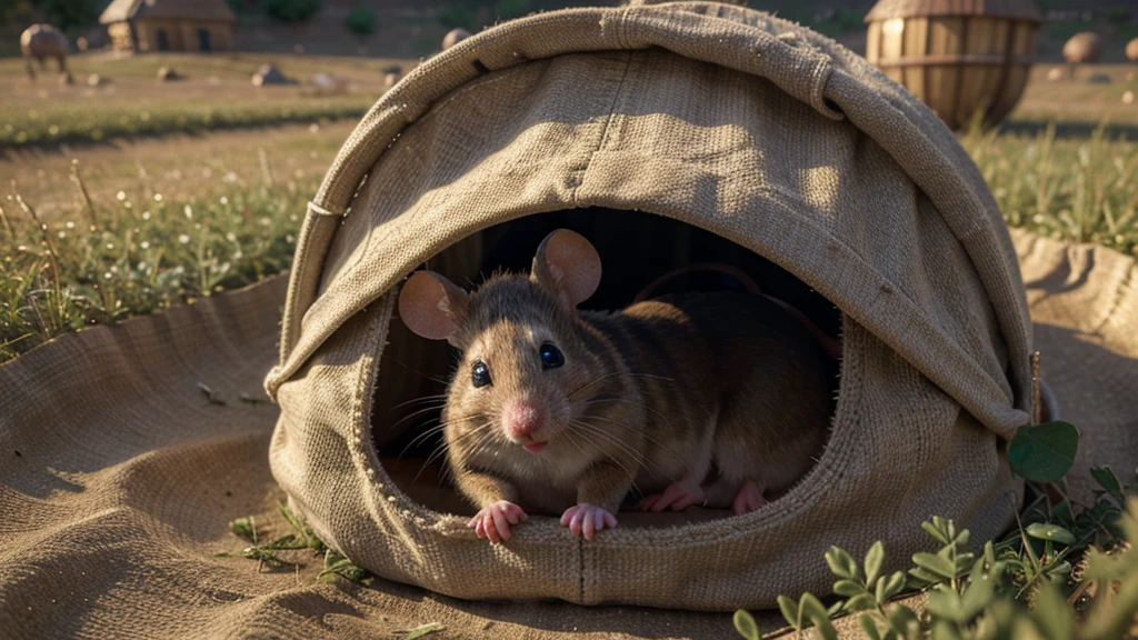 a poor happy mouse, wearing a hat, inside his burrow in the field, Pixar style, adorable mouse, cute mouse, detailed mouse face, detailed mouse eyes, detailed mouse nose and whiskers, detailed mouse ears, detailed mouse fur, highly detailed, 3D render, 4k, photorealistic, vibrant colors, warm lighting, dynamic composition, whimsical, cute hat, cozy burrow, lush field, soft textures, charming, adorable