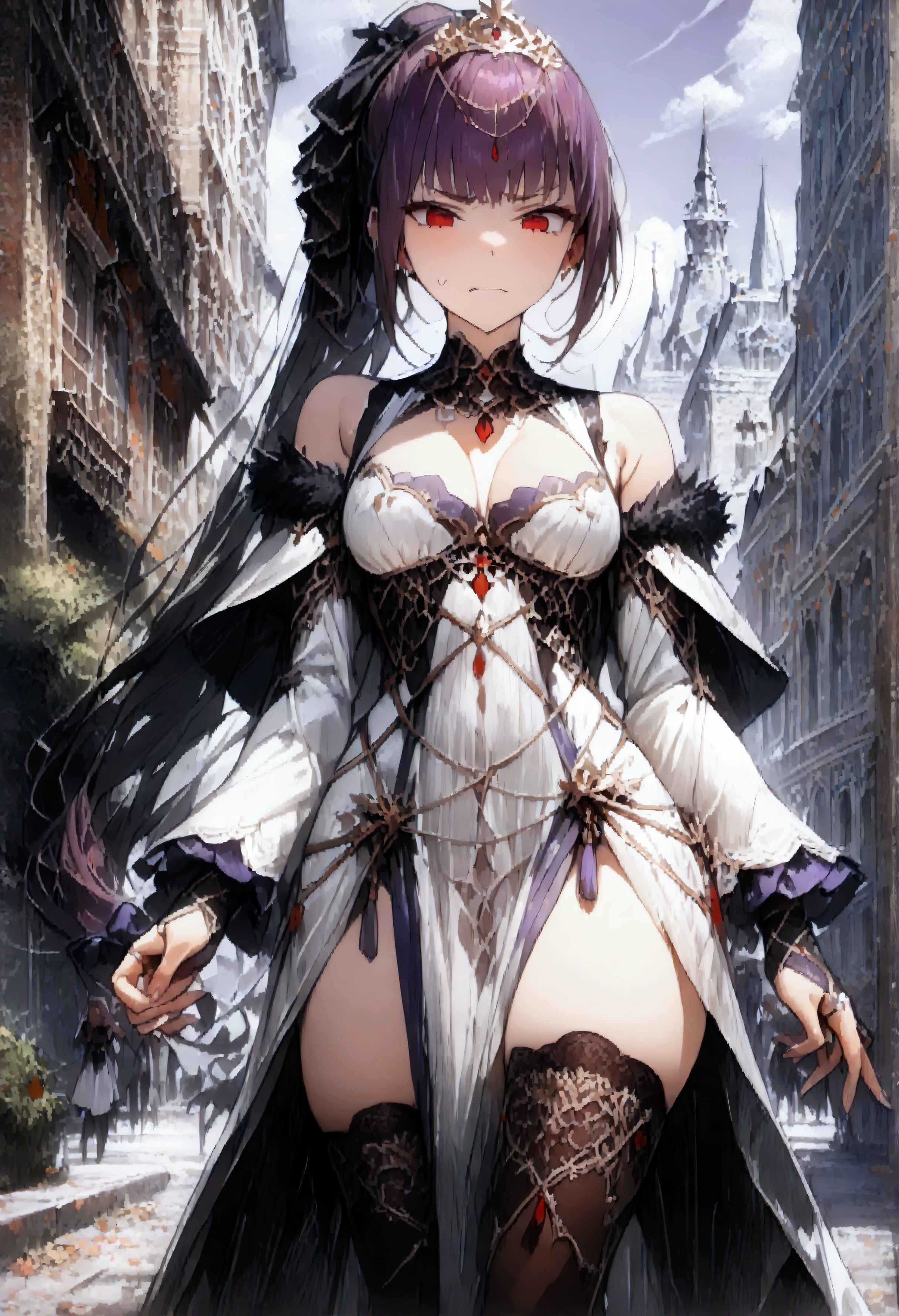 ((absurdres)), (((best Quality))), ((ultra detailed)), ((illustration)), full resolution, hdr, 5k, (Masterpiece, Best quality:1.4), (Beautiful, Aesthetic, Perfect, Intricate:1.2), (ultra resolution:1.2), (ultra detailed),BREAK, 1girl, long hair, purple hair, red eyes, hair ribbon, ponytail, white dress, gold tiara, detached sleeves, see-through, bridal gauntlets, finger cots, pelvic curtain, capelet, fur trim, Thighhighs, BREAK, (((disappointed face))), (looking down at viewer), camera straight on, in a city, buildings, sidewalk